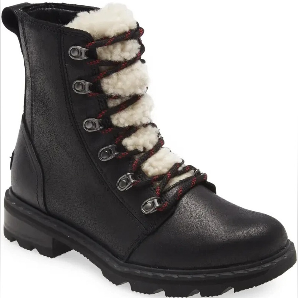 SOREL Lennox Genuine Shearling Trim Waterproof‎ Lace-Up Boot in Black Size 8